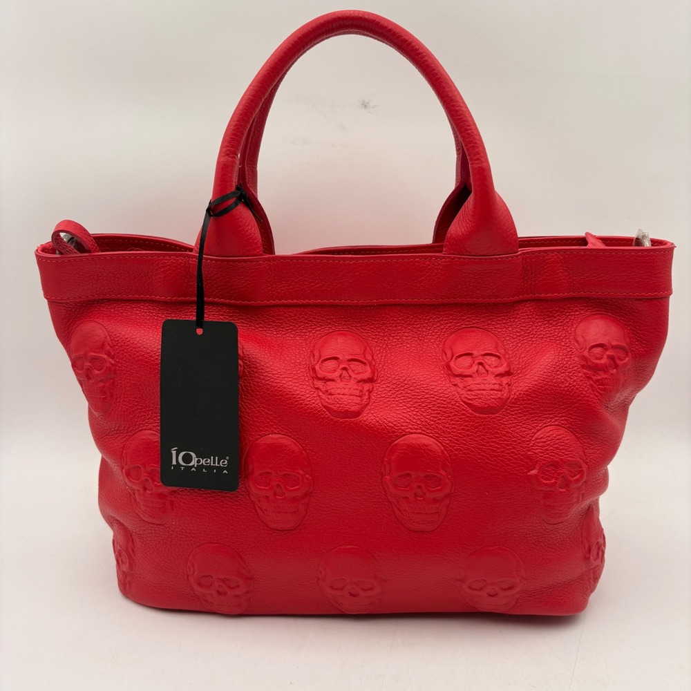 IoPelle Italia Red Pebbled Leather Embossed‎ Skull Tote Bag Art Made in Italy